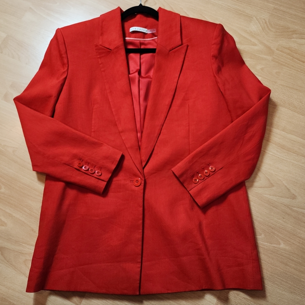 Alice + Olivia Johanna Linen Blend Boxy Strong Shoulder Red Blazer Size 10